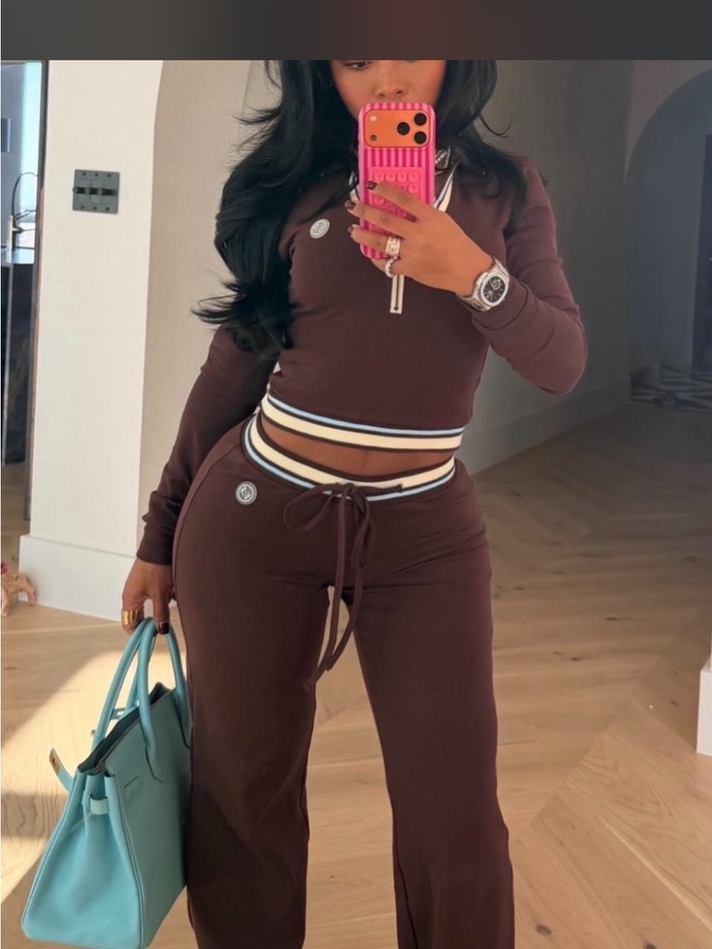 Women's Chocolate Brown Drawstring Track Pants with Striped Waistband